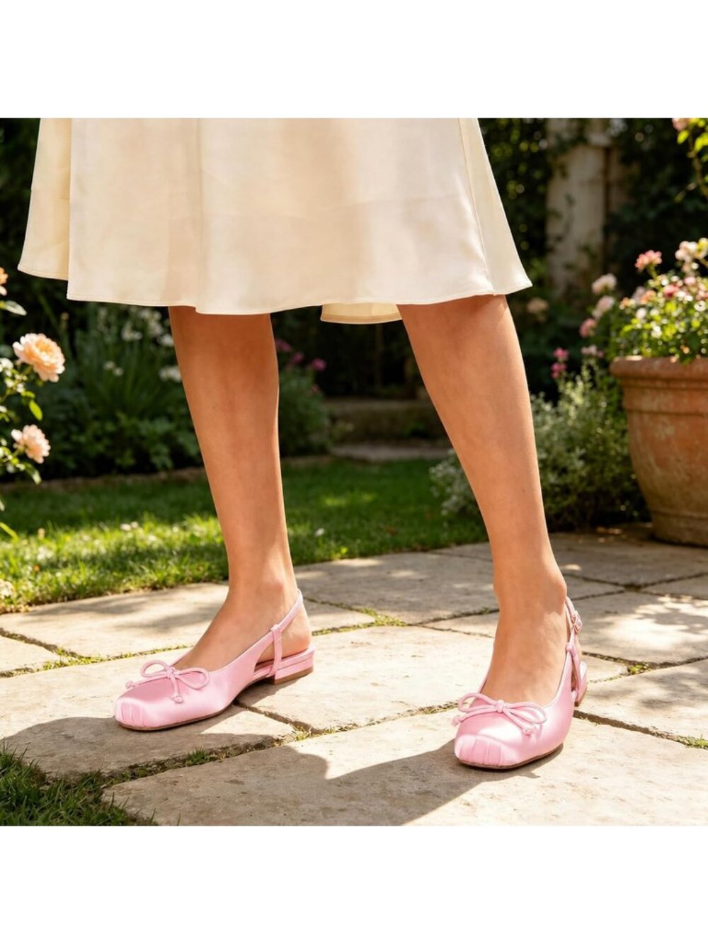 Women's Pink Satin Slingbacks Ballet Flats Square Toe Bow Ankle Buckles Shoes - Picture 3 of 6